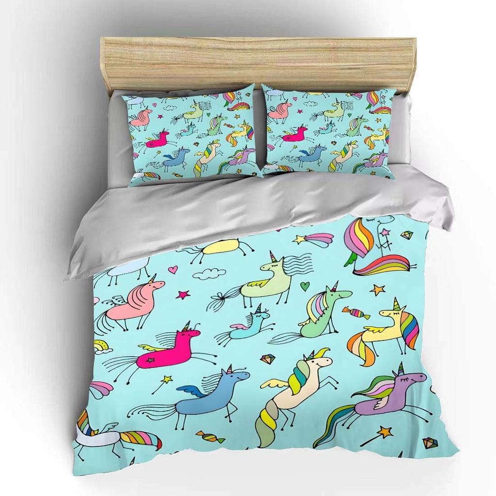 Fun Hand-drawn Unicorns Pattern Bedding Set for Kids Luxury Gift 3pcs Digital Print Comforter Set Soft Comfortable Breathable