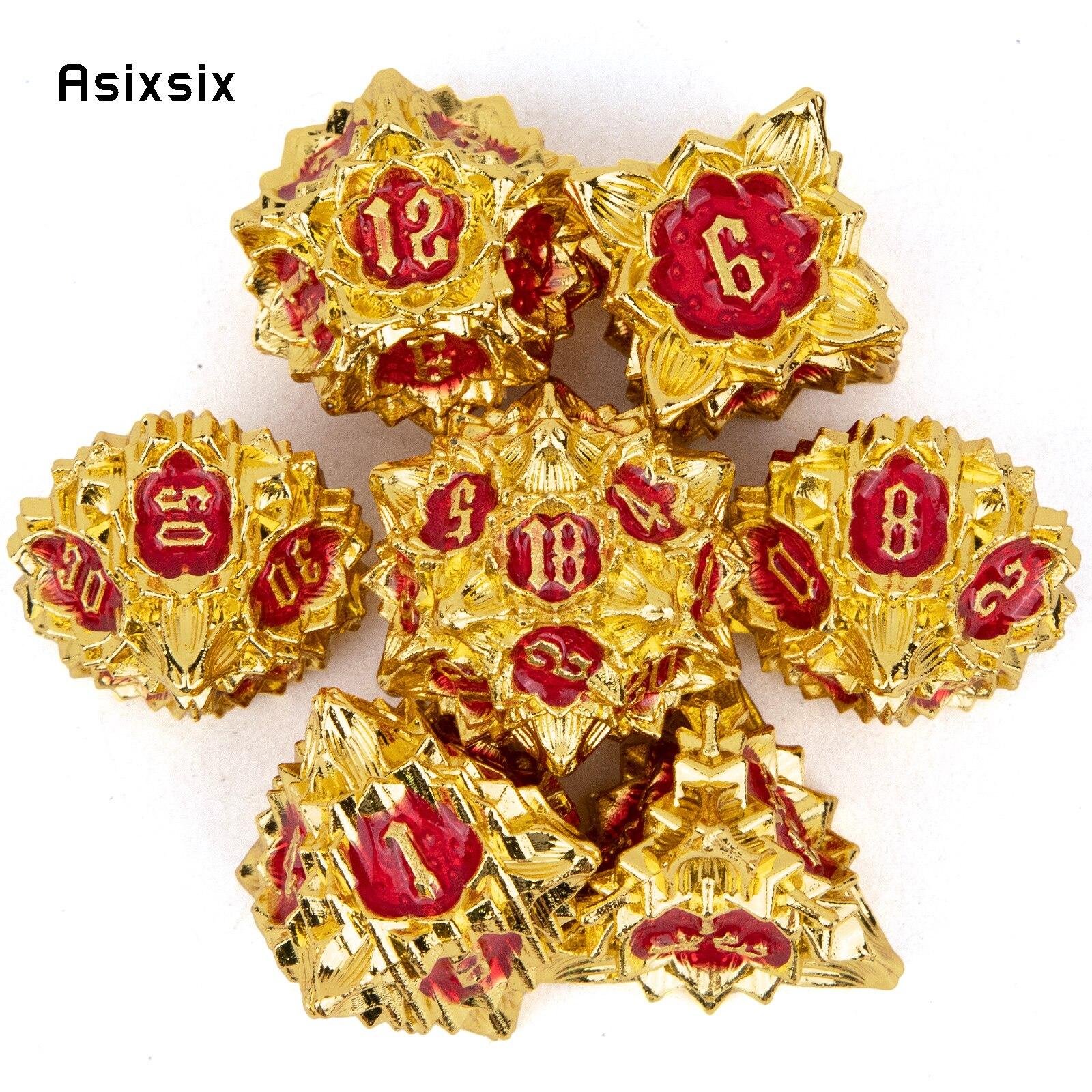 

7 шт. золотисто-красный цветок лотоса, металлические кубики, набор твердых металлических многогранных кубиков, подходящий для ролевой игры, настольной игры, карточной игры красный