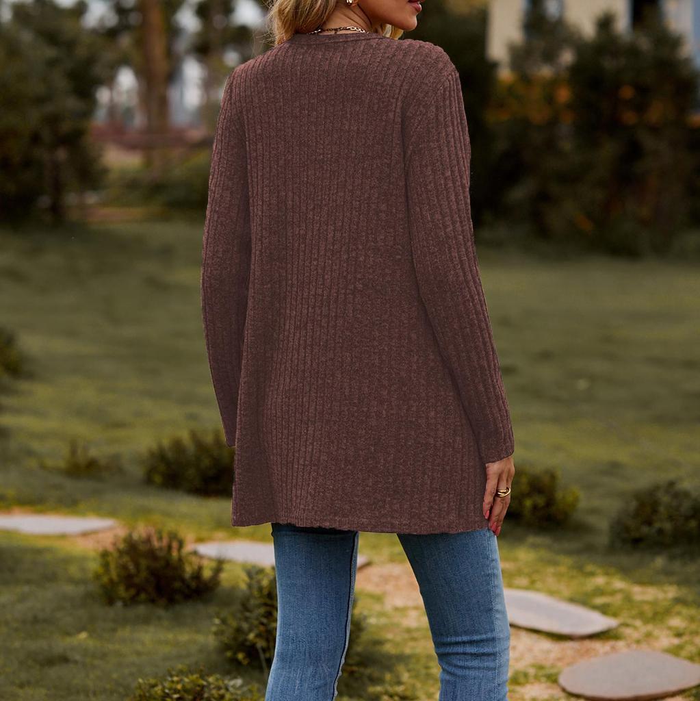 Women's Solid Color Buttoned Cardigan - Striped, Sanded, Long-Sleeve (2024 Autumn/Winter)