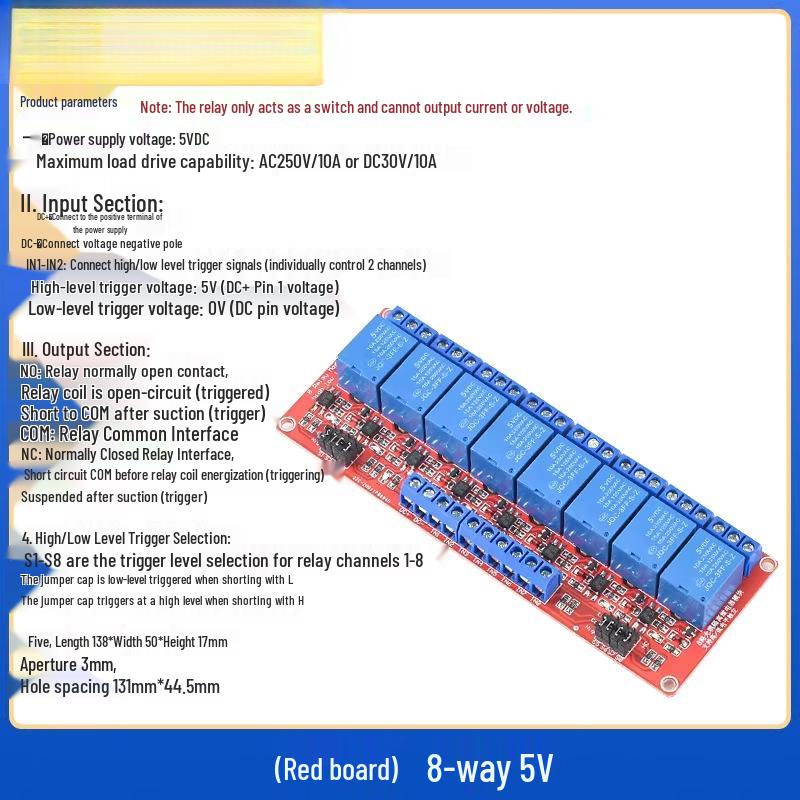 1/2/4/8 Channel Relay Module with Optocoupler Isolation, High/Low Level Trigger, Supports 3.3V, 5V, 12V, 24V