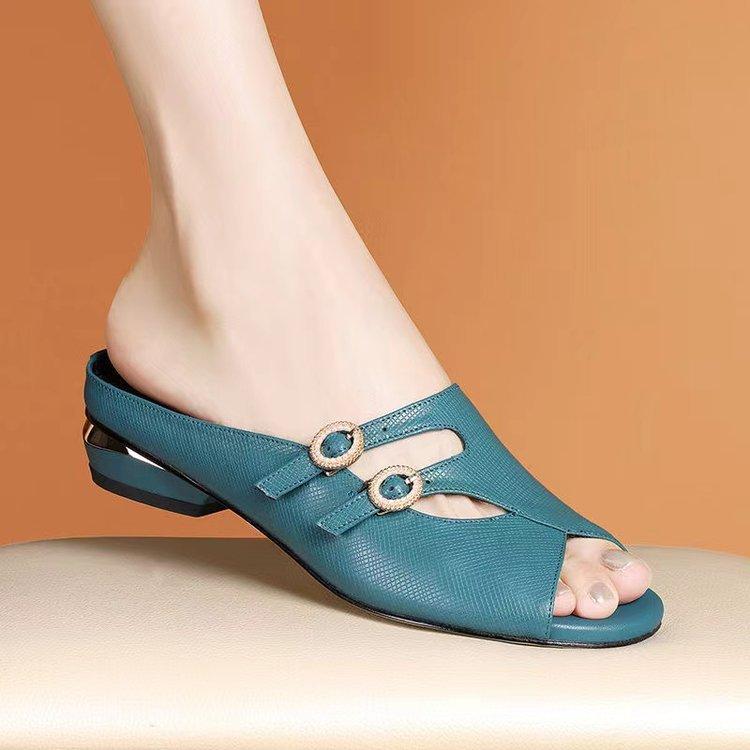 

Женские летние модные шлепанцы с открытым носком и рыбьим ртом, для улицы, на низком каблуке, прохладные, плоские сандалии, универсальные, удобные, повседневные 40 павлин голубой