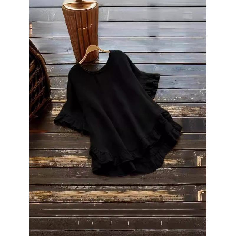 Cross2026 Women's Loose Ruffle Short Sleeve Button-Up Round Neck Shirt
