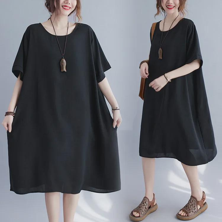 

2022 Summer Plus Size Black Round Neck Short Sleeve Loose Cotton Linen Dress for Women Plus Size
