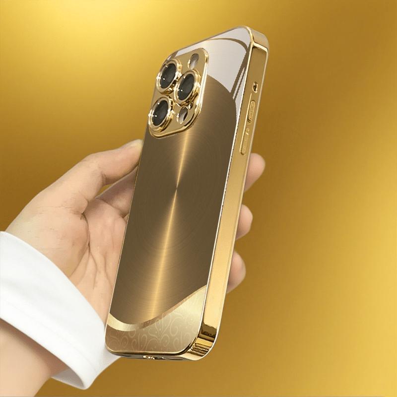 Golden metal brushed pattern straightedge trendy electroplated gold glass case For iphone 17 16 15 14 13 12 11 Pro Promax Plus