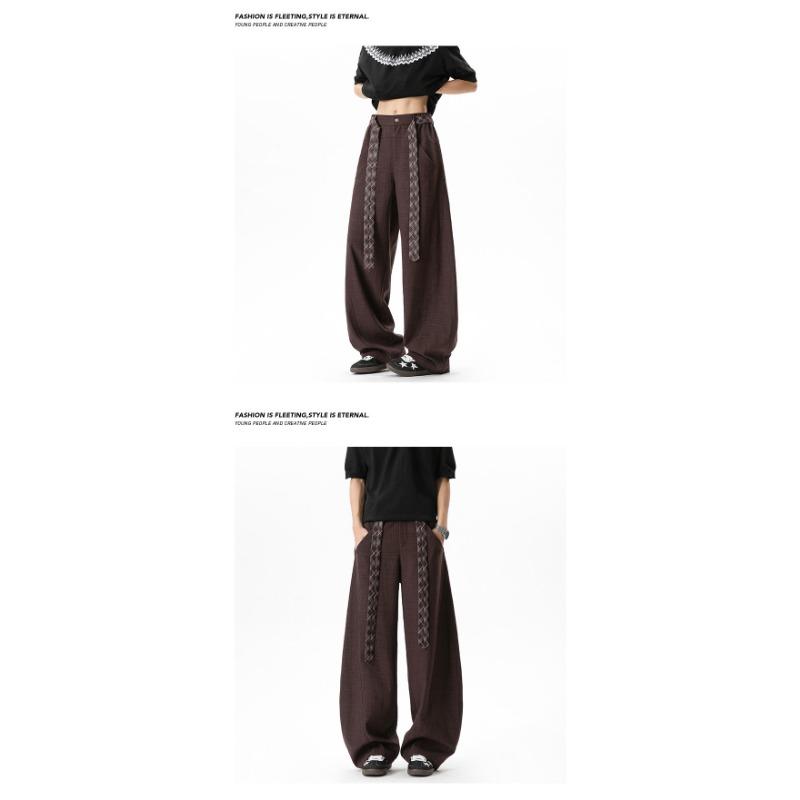 Vintage Contrast Plaid Belted Wide Leg Loose Casual Pants For Men