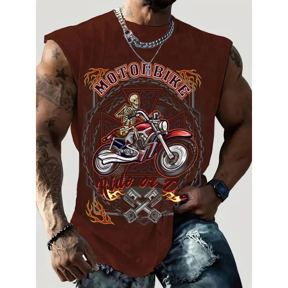 3D Creative Retro Motorcycle Print Outdoor T-shirt Sports Style Casual Breathable Round Neck Four-season Fitness Men's Vest