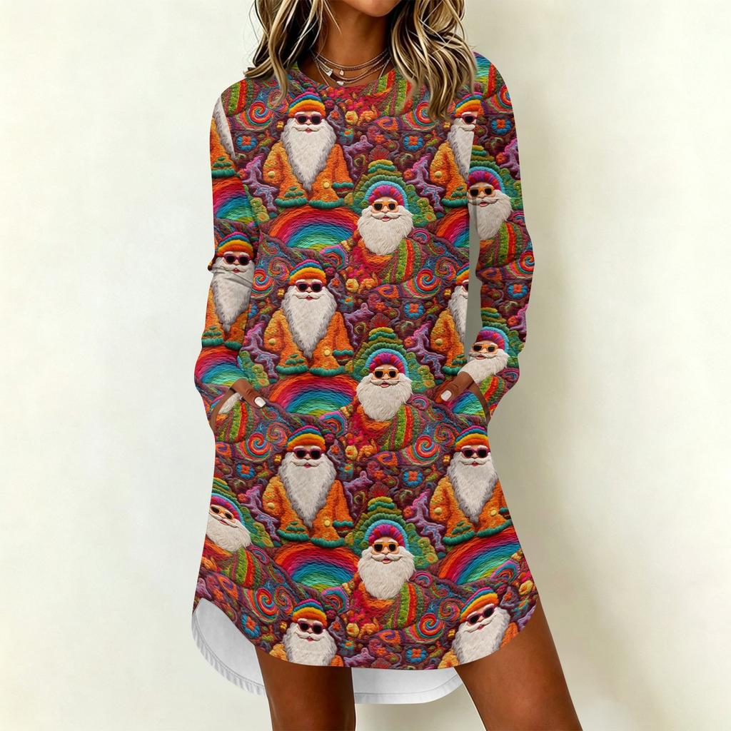 Women's Trendy Casual Christmas Print Long Sleeve Neck Dress for Holiday Party