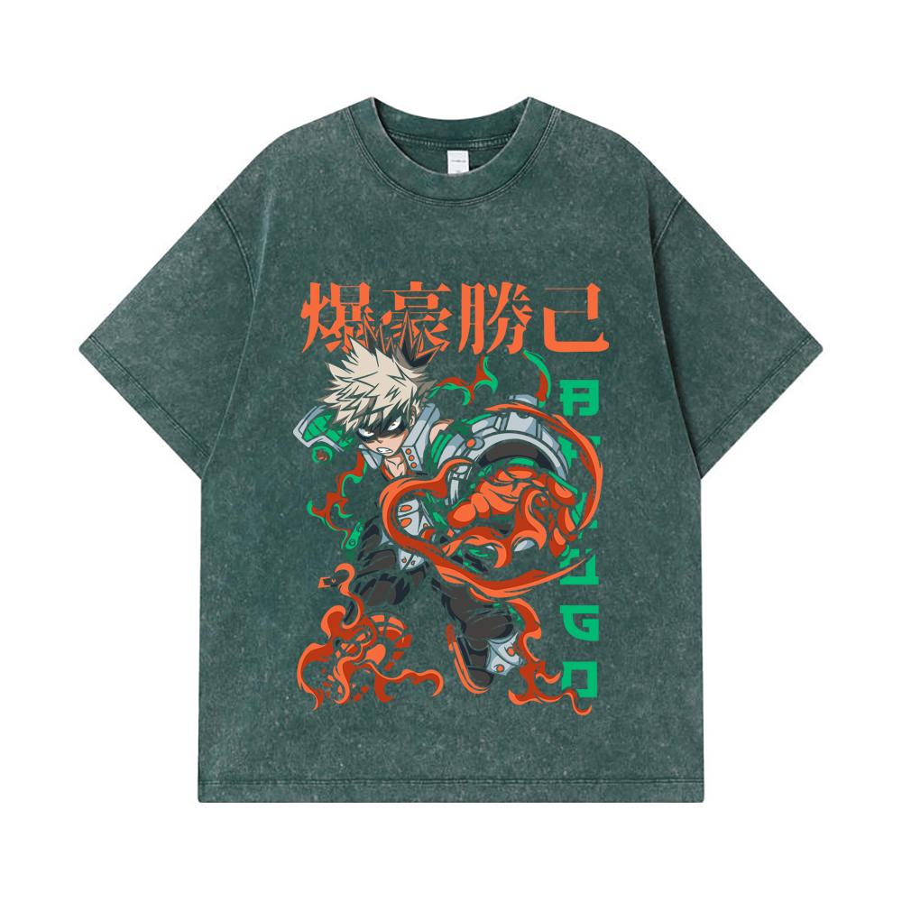 275 GSM Washed T-shirts 100% Cotton My Hero Academia V14 Bakugo Print Unisex Heavy Cotton T Shirt