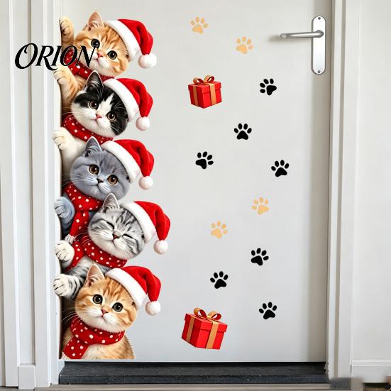 Self Adhesive Kitten Decals Christmas Cat Door Sticker, Cute Santa Hat Kittens Wall Decal, Waterproof PVC Festive Decor Sticker for Bedroom