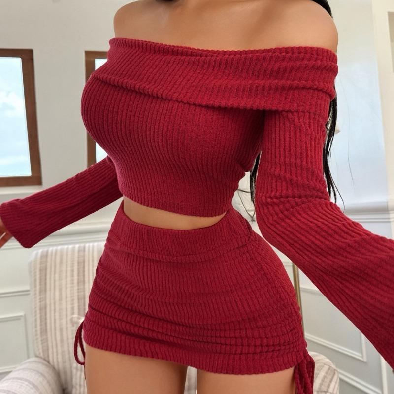 Fashionable and Sexy Knit Cropped Off-the-Shoulder Long-Sleeve Sweater and Skirt Set for Women