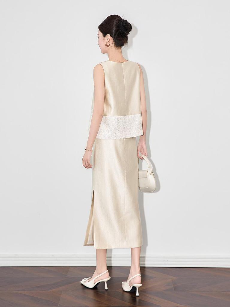 French Sequin Embroidery Vest & Tencel Midi Skirt Two-Piece Set for Women