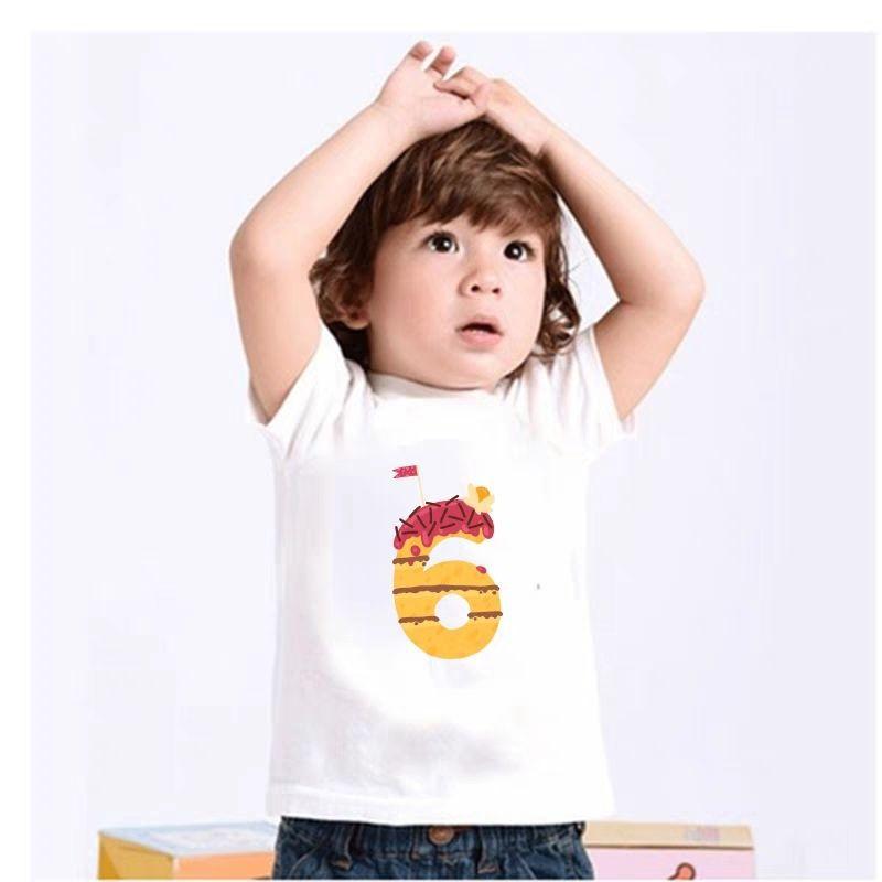 Summer Birthday Number for Boys and Girls Casual Cartoon First Birthday Shortsleeved Tshirt White Roundneck Top Kids Clothes