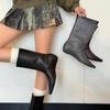 Cowhide version~ Fashion square head woven wide tube wedge short boots women's versatile medium boots French retro thin women's boots
