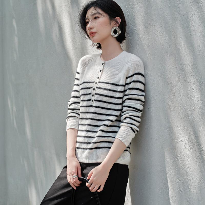 Women's 100% Pure Cashmere Striped Button-Up Raglan Sleeve Cardigan Sweater, Round Neck for Autumn/Winter