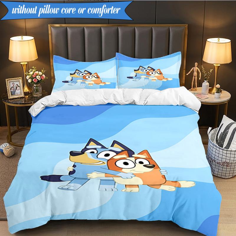 3PCS Bluey Friends Adventure Bedding Set 2D Printing (Includes 1 Duvet Cover + 2 Pillowcases Coreless), Bedroom decor,Fan Gift