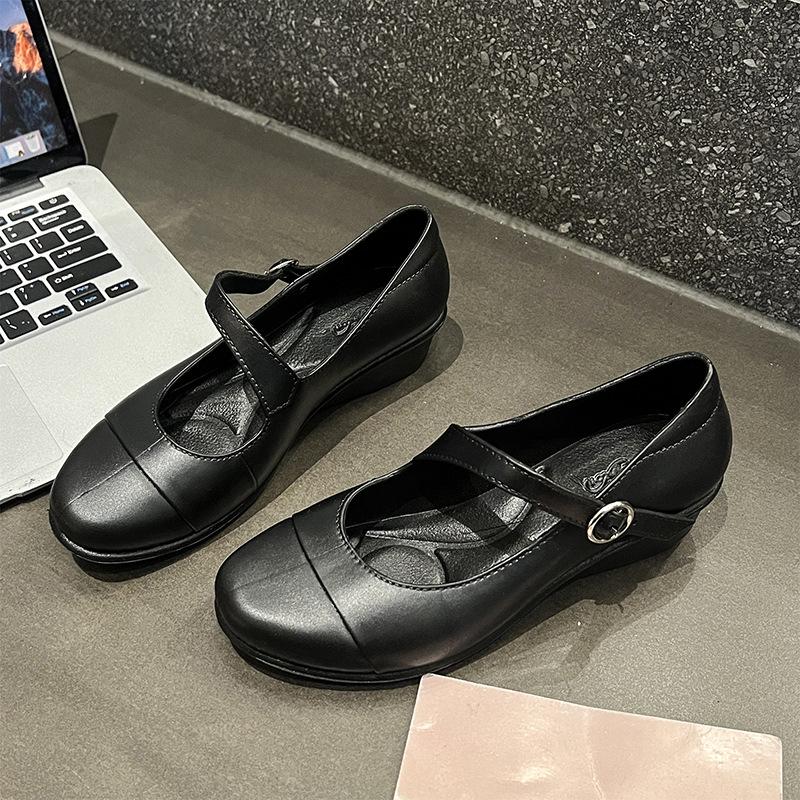 Loafers single shoes women's buckle wedge sandals thick sole heightening temperament black small leather shoes mother work shoes high heel