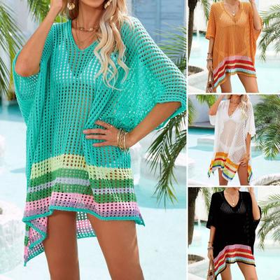 Women Bikini Cover Up V-Neck Drop-shoulder Sleeves Hollow Beachwear Dress Side Split