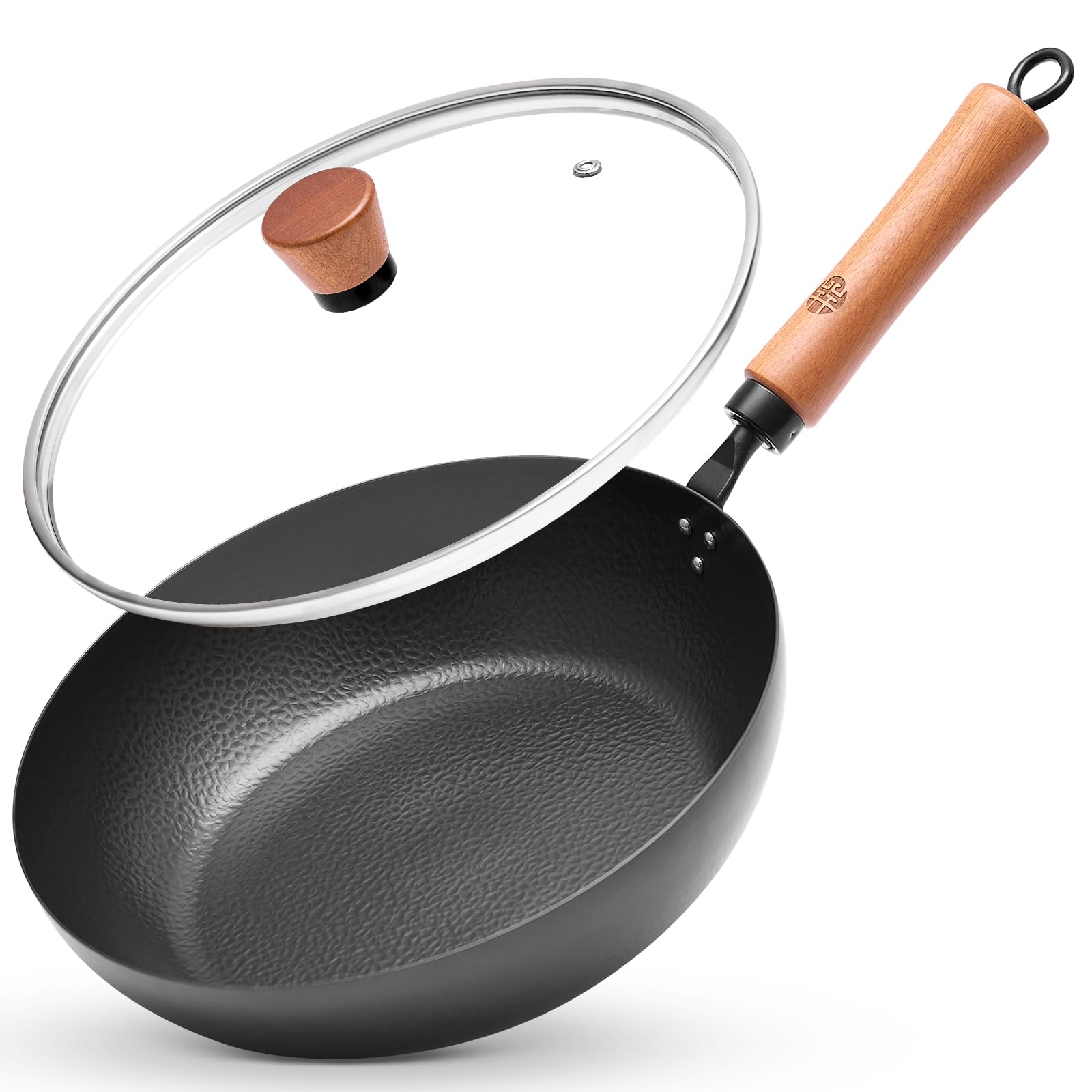 

WANGYUANJI Iron Frying Surface Induction Glass Natural Wood for and Pan, 28cm, Deep, Nitrided, Non-Stick, Rust-Resistant, Treated, Compatible, Lid,