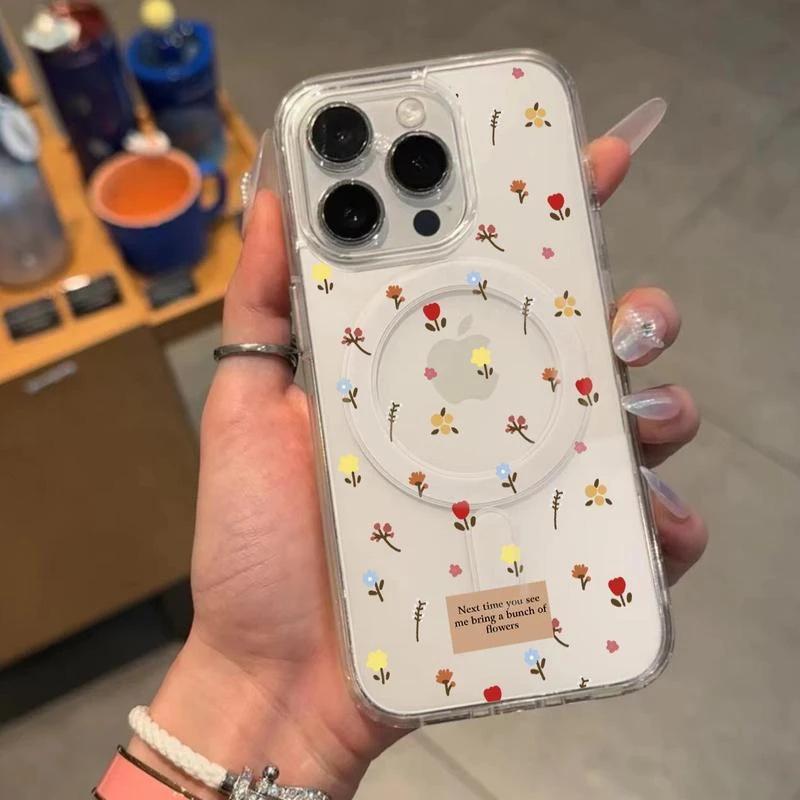 Full Screen Small Florals Suitable for Apple 16pro Mobile Phone Case Magnetically Absorbed IPhone 15 Protective Case 14 Transparent 13 Large Holes