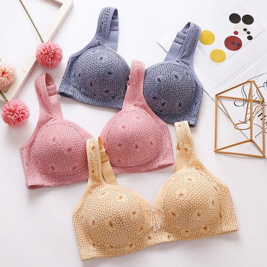 Women Bra Lace Seamless Wide Elastic Strap Solid Color Shockproof Push-up Anti-snagging Mesh Wireless Seamless Yoga Daily Bra