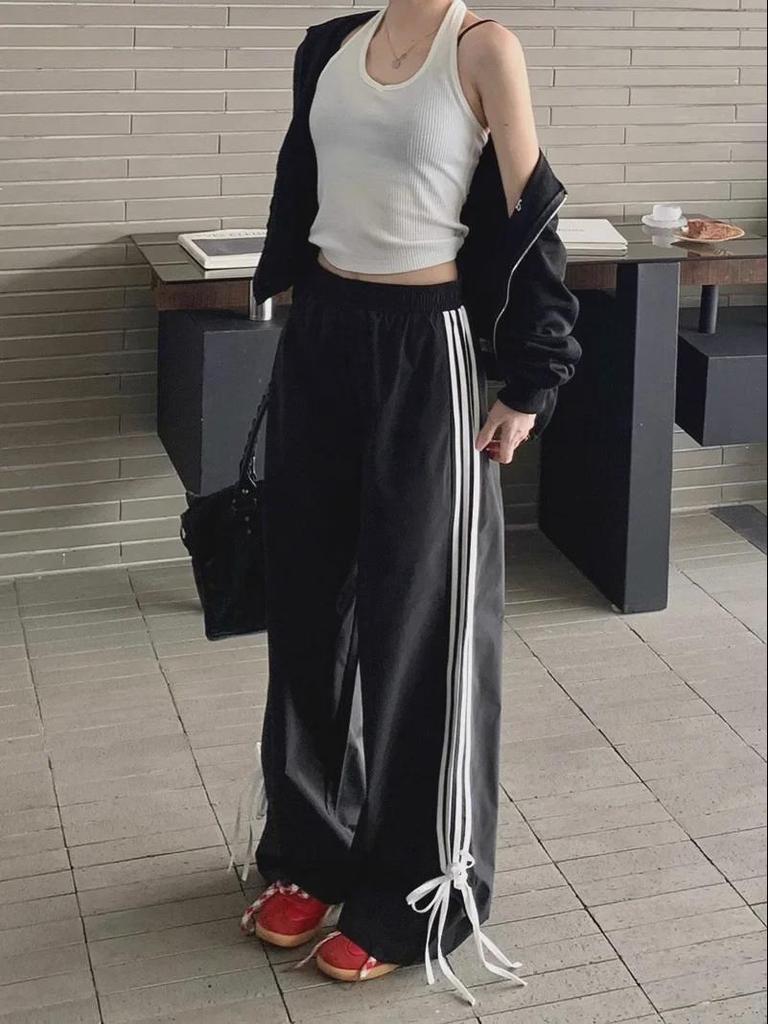 Women's Black Wide-Leg Sports Pants with Bow Design - Early Spring Casual, Loose Fit