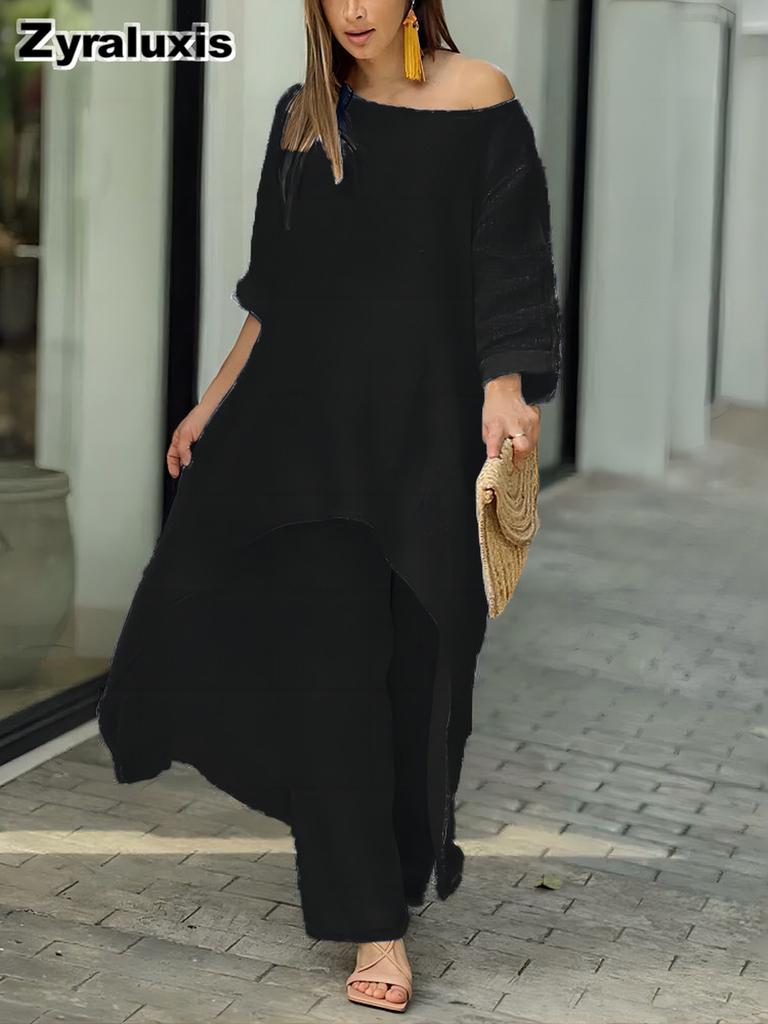 Moda Donna Casual Taglie Forti Set Irregolare Manica Lunga Pantaloni a Gamba Larga Completo Due Pezzi
