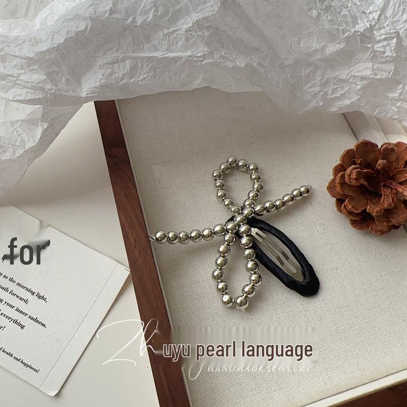Korean Silver Bead Bow Hair Clip: Fashionable Side Clip & Accessory for Autumn/Winter