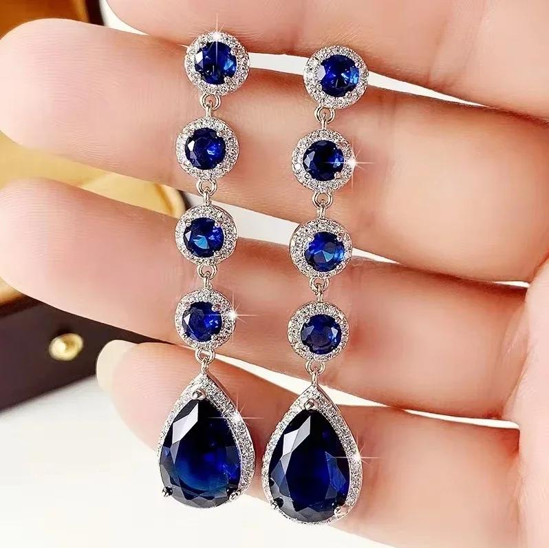 Royal Blue Zircon Oval Earrings Fashionable High-End Design Accessories for Banquets Personalized Simple Zircon
