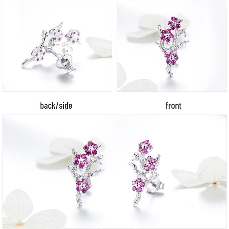 Aifuluo Pink Plum Blossom Zircon Stud Earrings - Pure Silver, White Gold Plated, S925.