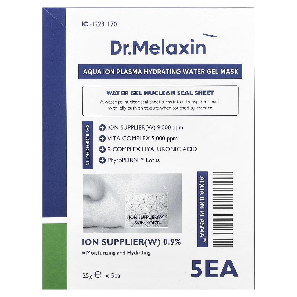 Dr.Melaxin, Aqua Ion Plasma, Hydrating Water Beauty Gel Mask, 5 Sheets, 25G(0.88Oz) Each