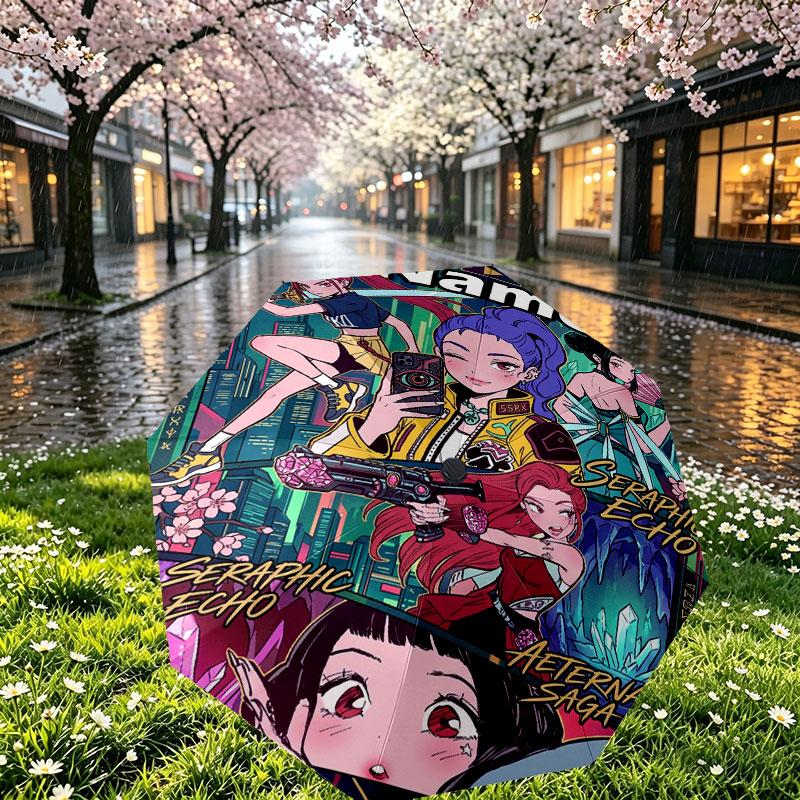 Custom Name Personalized Kpop Demon Hunter Print Umbrella, Auto Open Close, 8‑Rib Sturdy Frame, Commute Camping Hiking Use, Birthday Gift