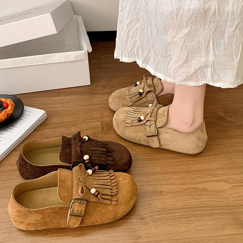 Birken Single Shoes Women's 2025 Early Autumn New Versatile Soft Sole Birken Round Head Fringed One Pedal Lazy Doudou Single Shoes