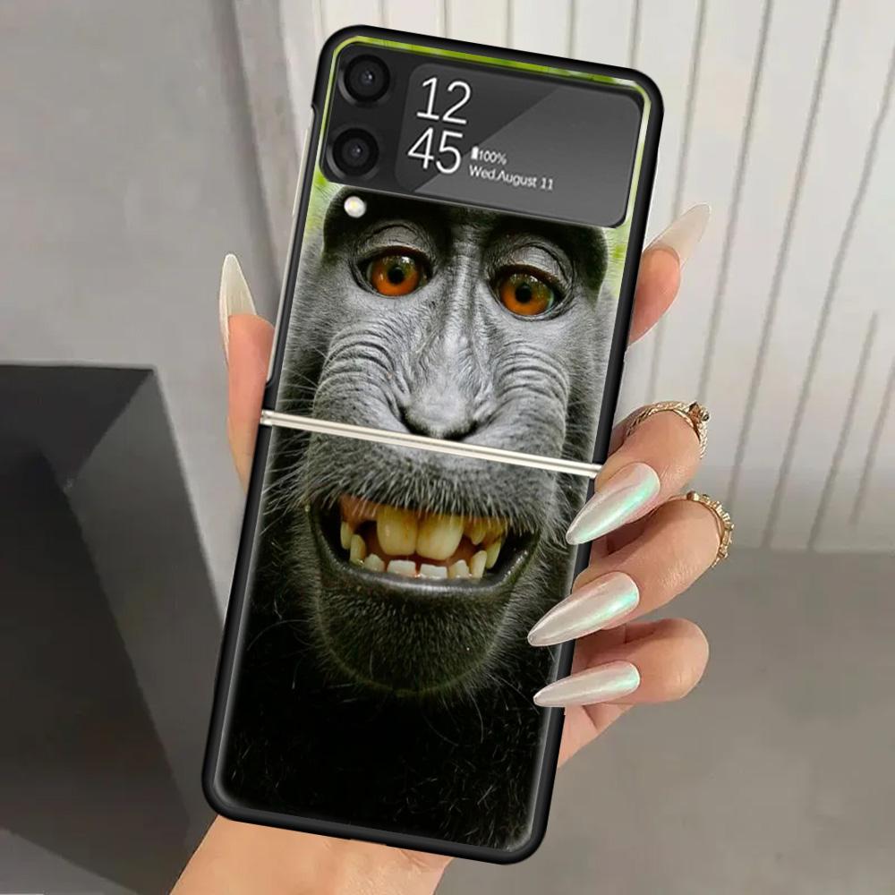 Funda Dura de PC con Memes de Monos para Samsung Galaxy Z Flip 7 6 5 4 3 Negra ZFlip7 ZFlip6 Flip5 Flip4 Flip3 5G Cubierta Impresa