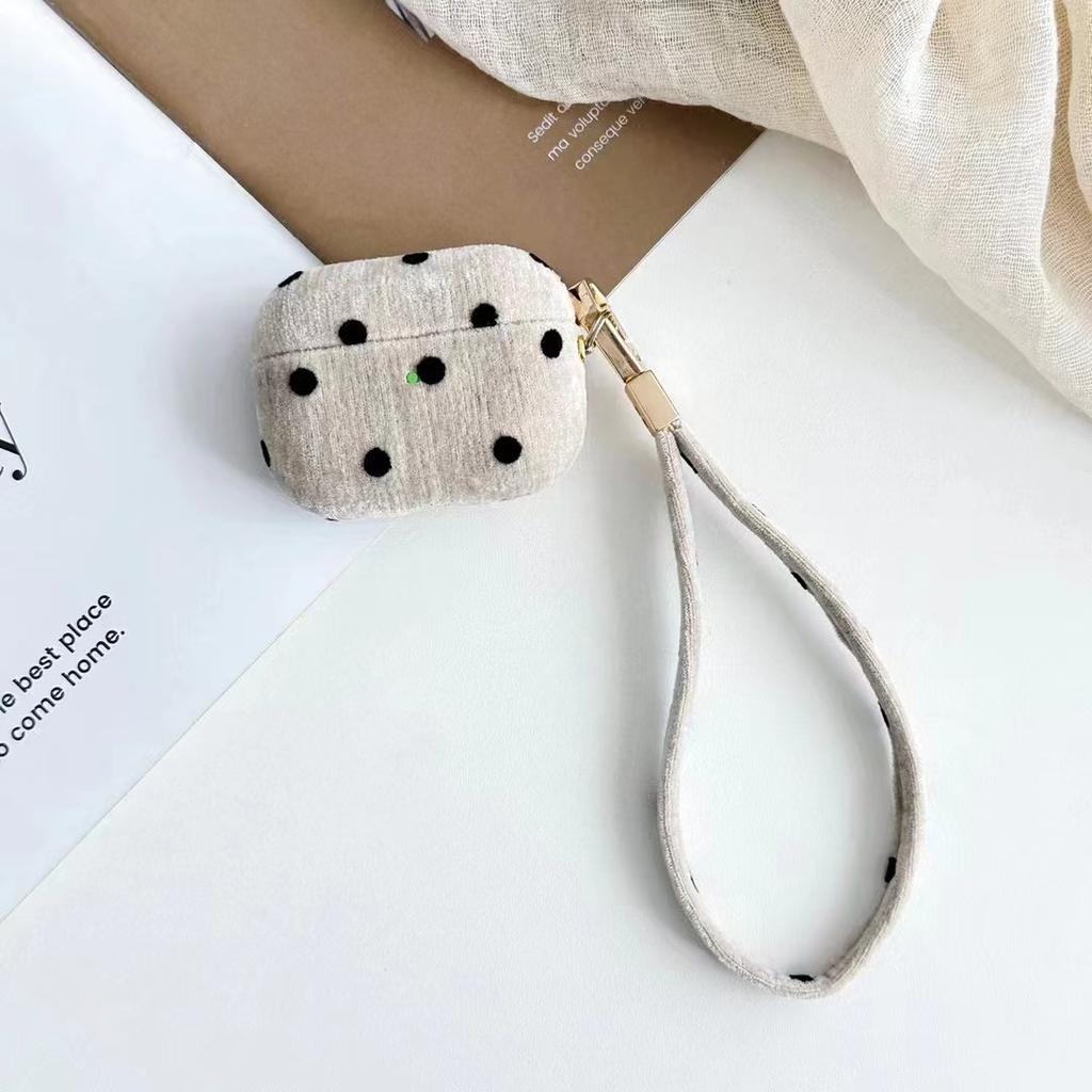 Flannel Polka Dots Earphone Case for Airpods Pro 2 (2022) & Airpods 4 3 2 1 Shockproof Protective Cover+Metal Buckle+Hand Strap