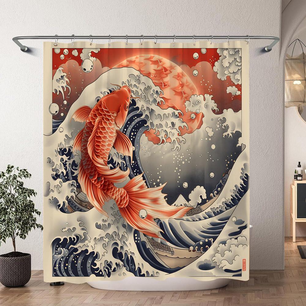 Japanese Sea Waves Red Koi Shower Curtain Ink Painting Printed Polyester Fabric Shower Curtain Bathroom Decoration with Hooks