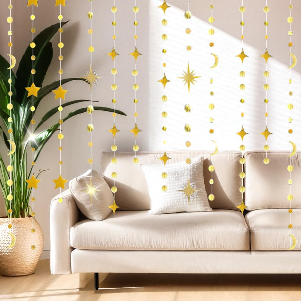 92FT Gold Moon Star Garland, Sparkly Crescent Moon & Star Hanging Decor for Ramadan Eid Mubarak, Birthday Party Supplies, Wedding Baby Shower