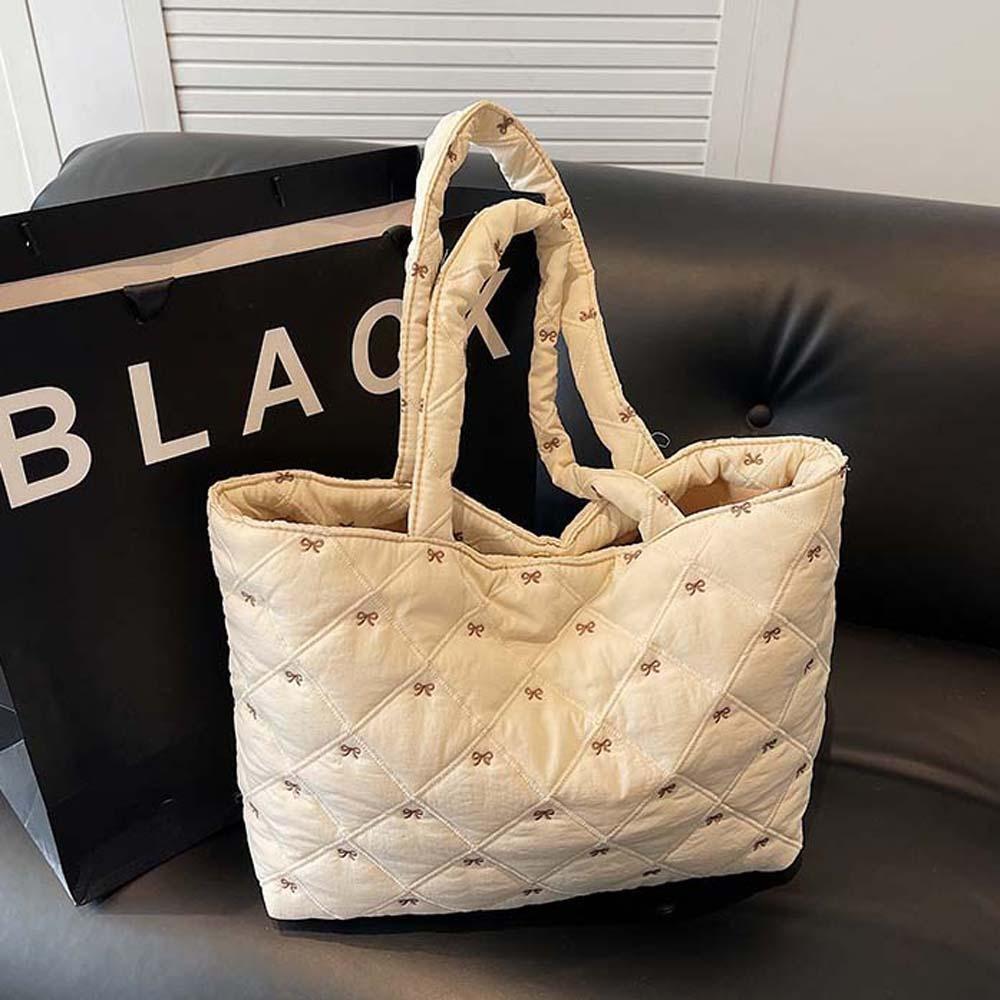 Versatile Quilted Tote Bag Embroidered Bow Bubble Shoulder Bag Rhombus Plaid Handbag  School