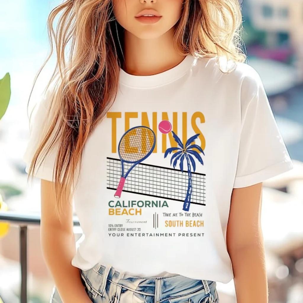 Beach Tennis Cartoon Printed Women's Short Sleeved T-Shirt Cute Style O-Neck Summer Fashion Women's Casual Basic Top T-Shirt