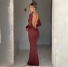 WDS European and American Autumn New Solid Color Pullover Halter Long Sleeve Slim Sexy High Waist Long Dress