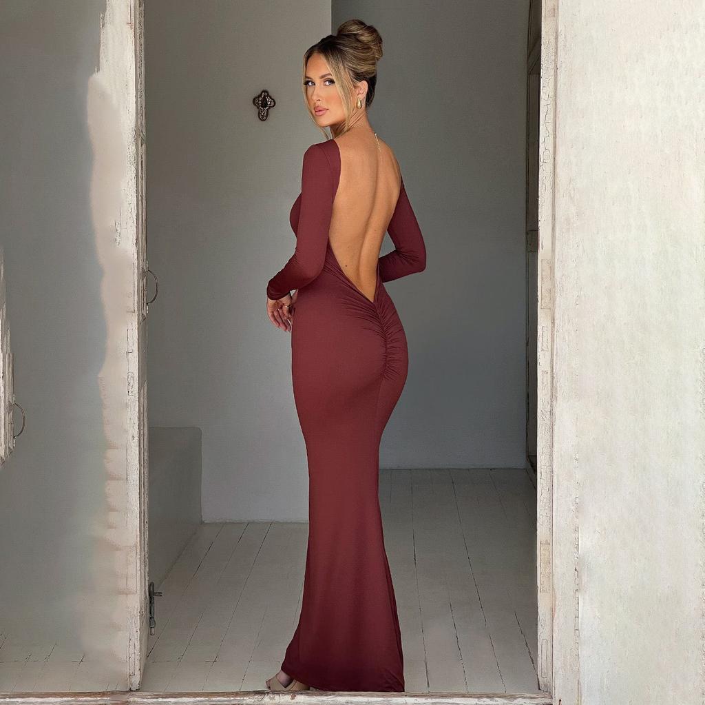 WDS European and American Autumn New Solid Color Pullover Halter Long Sleeve Slim Sexy High Waist Long Dress