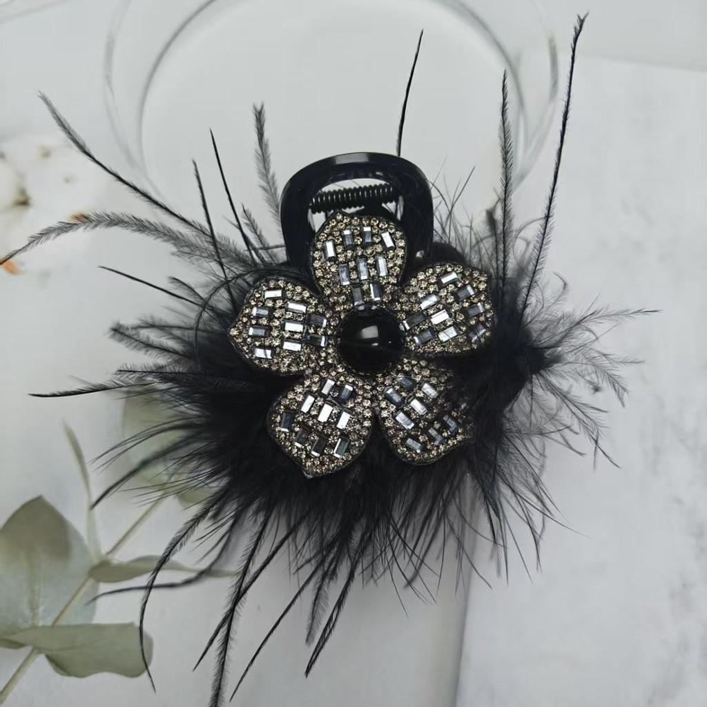 Elegant Rhinestone Feather Flower Hair Clip - Retro Versatile Shark Clip for Women