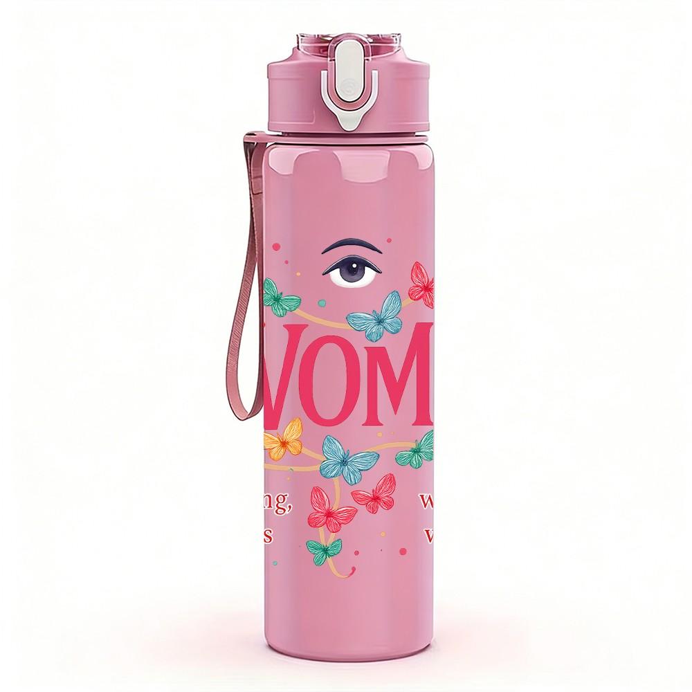1PC Womb Butterfly Letter Print 750ml Color Plastic Sports Water Bottle Leakproof Flip Straw Lid Suitable for Sports Office Home Use
