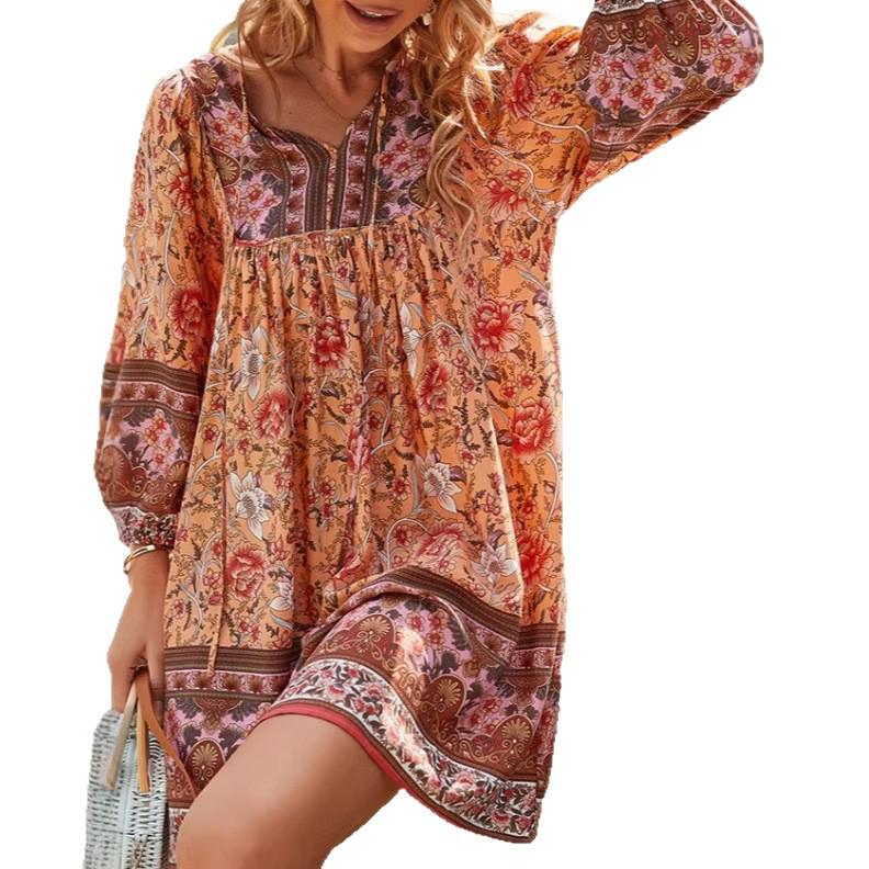 Women's Long Sleeve V-Neck Lace-Up Bohemian Print Dress