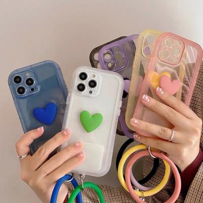 Ins Korea 3d Love Heart כיסוי רצועת יד ברורה לאייפון 13 12 11pro Max X Xr Xs Max Handy Strap עמיד בפני זעזועים