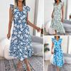 Women Midi Dress Bohemian Flower Print V Neck High Waist Patchwork Dress-up
