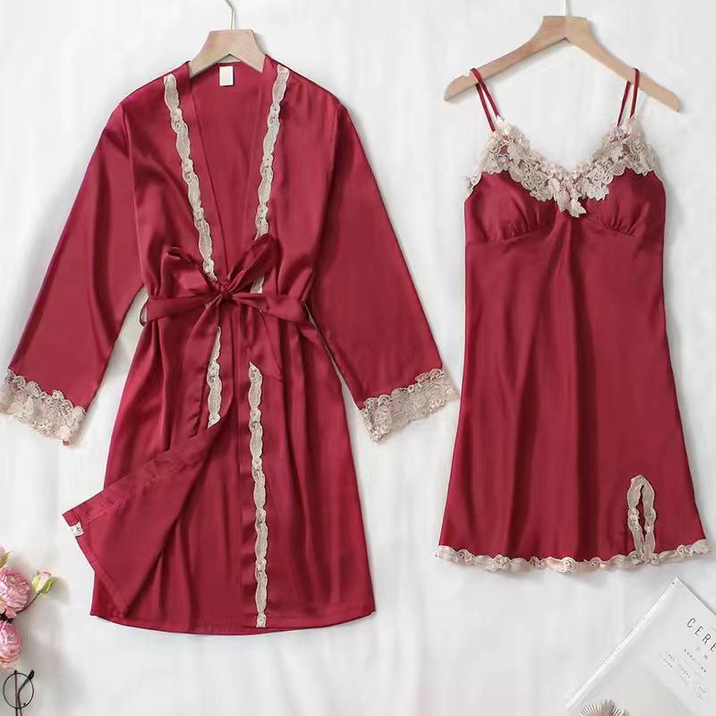 Women's Summer Silk Pajama Set: 5-Piece Long Sleeve, Lace Trim Camisole, Shorts & Pants