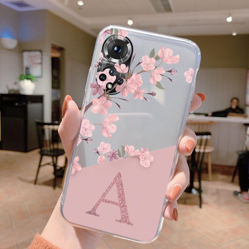 Cute Letter Case For Honor 50 90 400 Lite Pro Coque Huawei P20 P30 Pro Cover Soft Flower Alphabet Transparent Phone Silicone