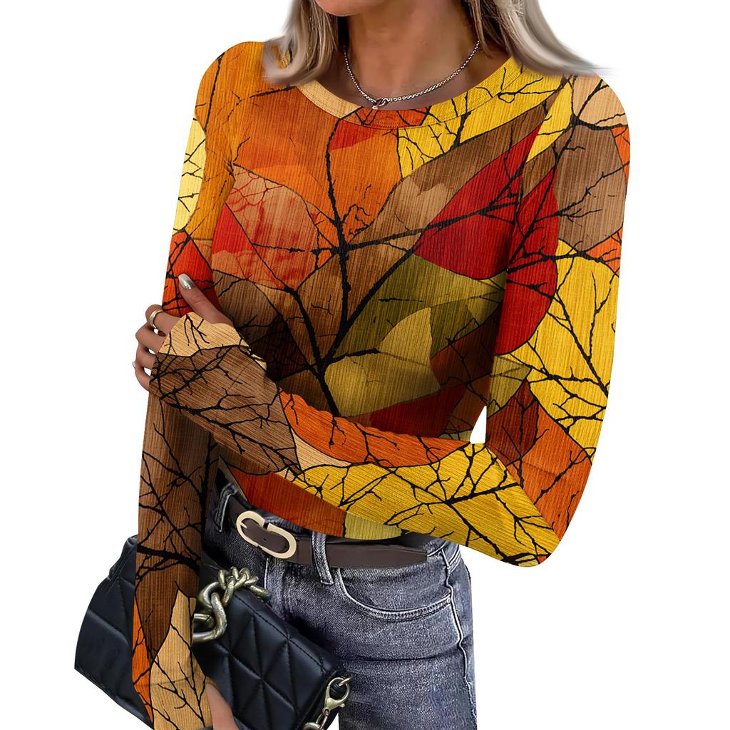 Women's Slim Fit Long Sleeve Neck T-Shirt with Leaf Print and Thumb Holes for Casual Everyday Wear