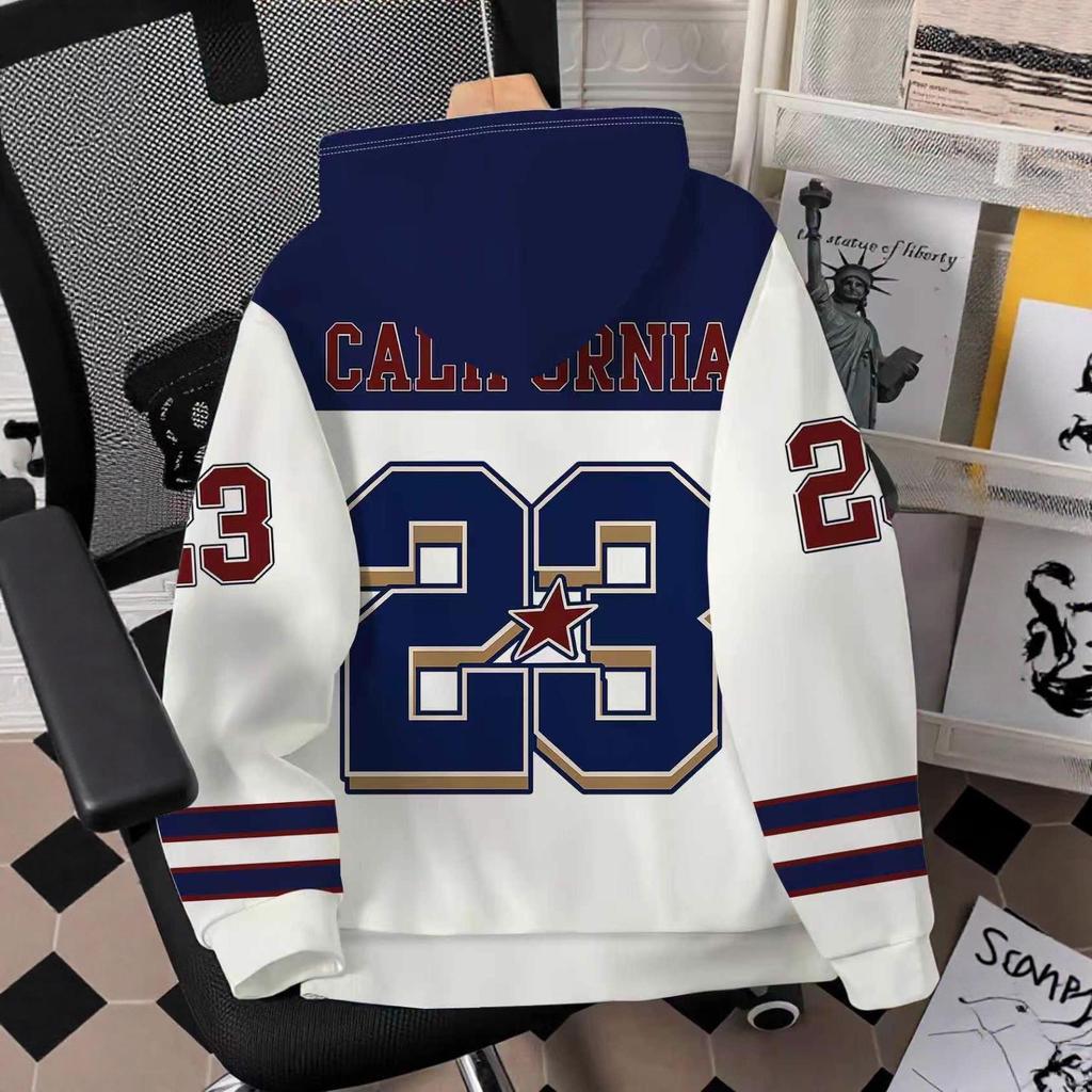 Męska bluza z kapturem Retro z nadrukiem 3D - California Sport Division, Niebiesko-biały Color Block Modny Design