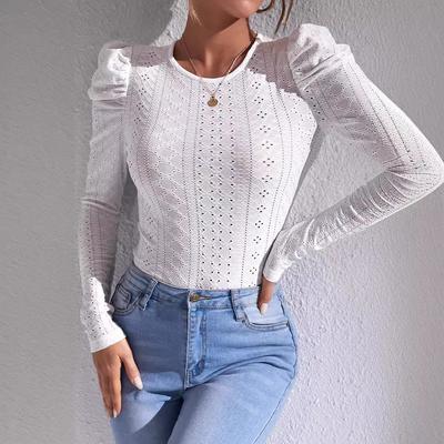 Spring/Summer European and American Amazon Fashion Jacquard Solid Color Long Sleeved Hollow Slim Tight Top